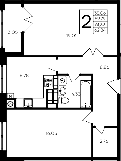 2-комн., 59.79 м²