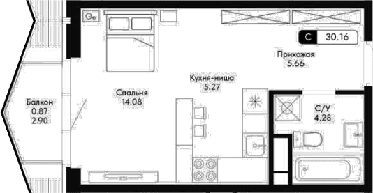 Студия, 29.29 м²