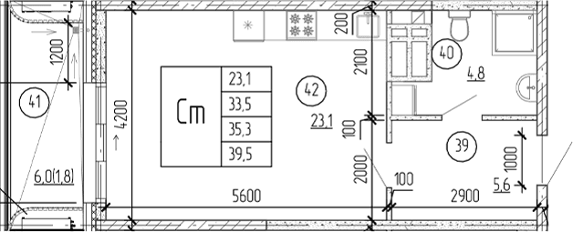 Студия, 33.5 м²
