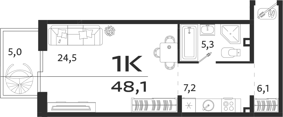 Студия, 43.1 м²