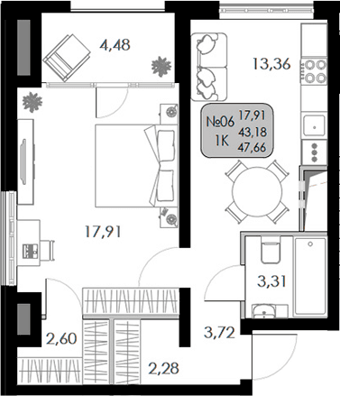 1-комн., 43.18 м²