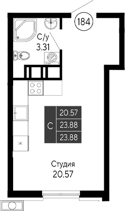 Студия, 23.88 м²