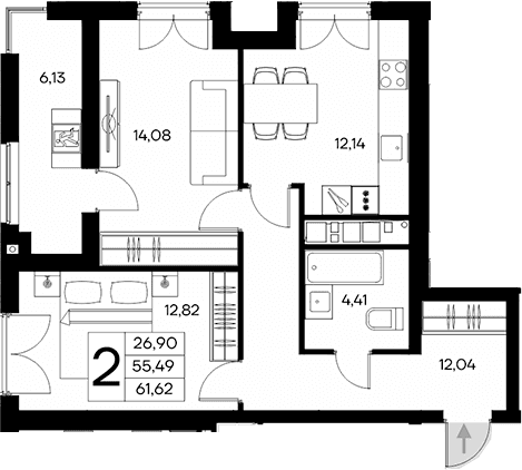 2-комн., 55.49 м²