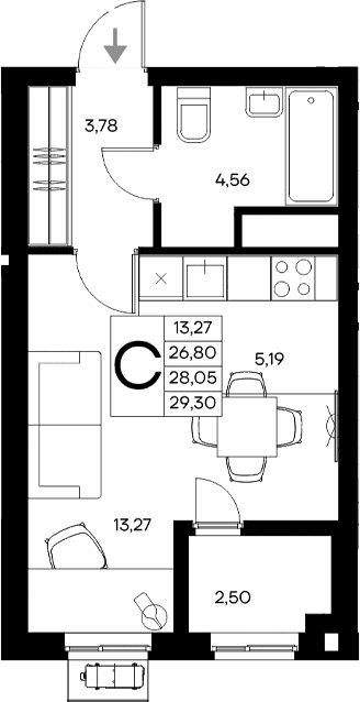 Студия, 26.8 м²