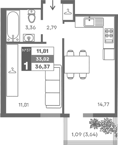 1-комн., 32.73 м²