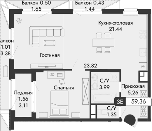 Своб. план., 55.88 м²