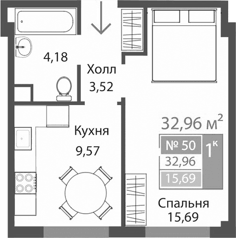 1-комн., 32.96 м²