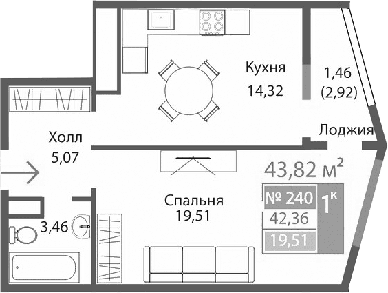 1-комн., 42.36 м²