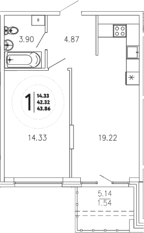 1-комн., 42.32 м²