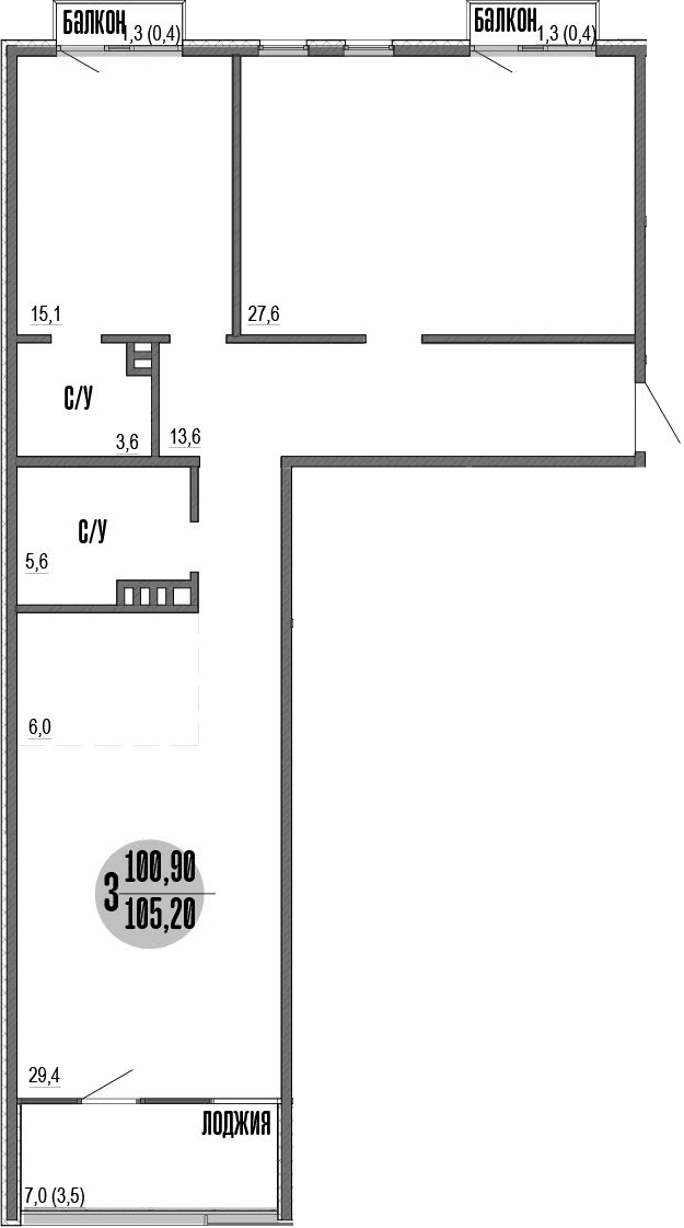 3-комн., 100.9 м²