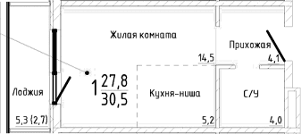Студия, 27.8 м²