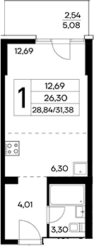 Студия, 28.84 м²