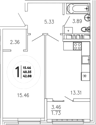 1-комн., 40.35 м²