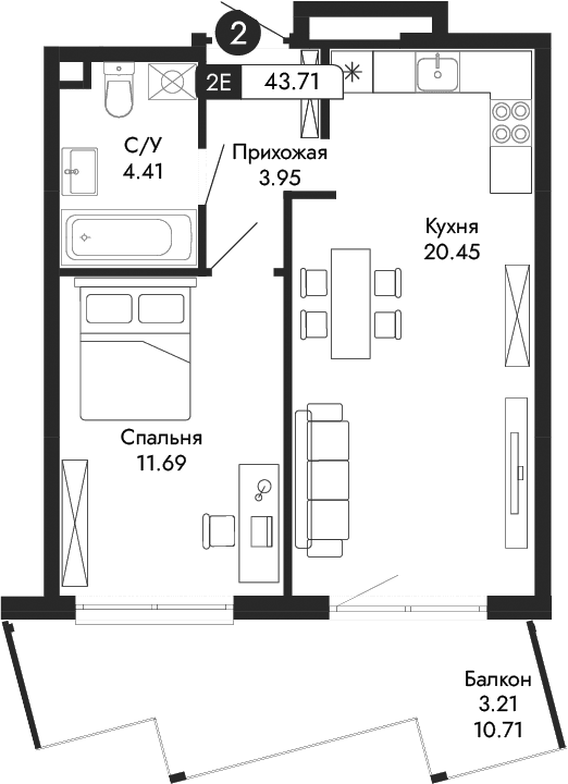2-комн., 40.5 м²