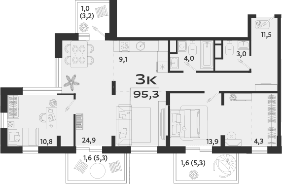 3-комн., 91.1 м²