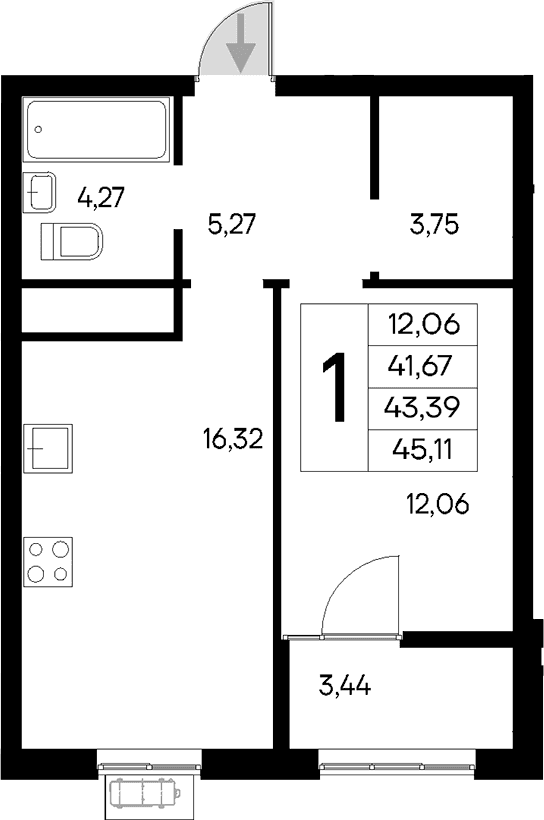 1-комн., 41.67 м²
