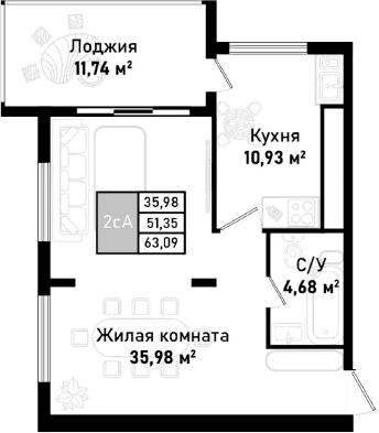 1-комн., 57.22 м²
