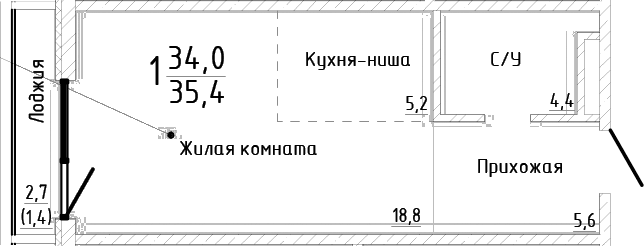 Студия, 34 м²
