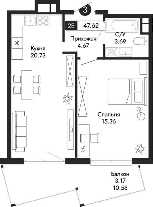 2-комн., 44.45 м²