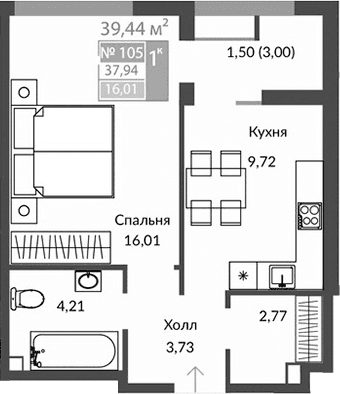 1-комн., 36.44 м²