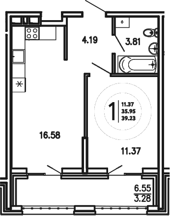 1-комн., 35.95 м²
