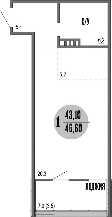 Студия, 43.4 м²