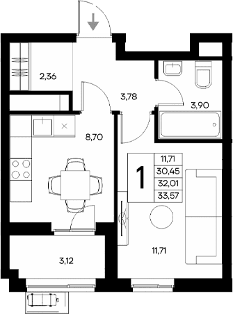 1-комн., 30.45 м²