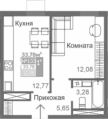 1-комн., 33.78 м²