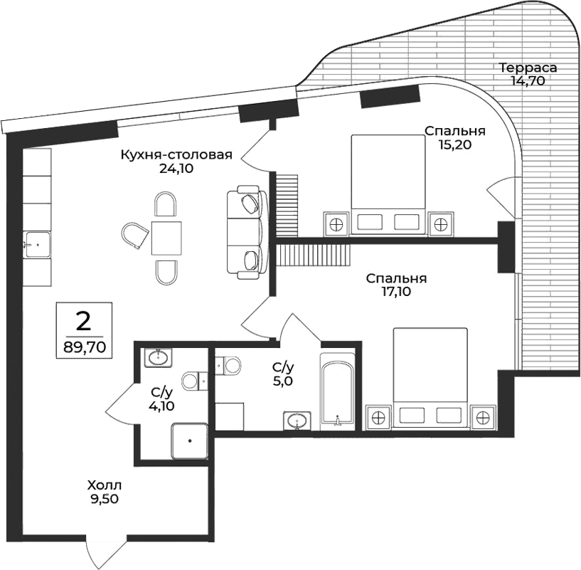 2-комн., 75 м²