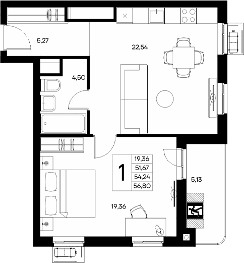 1-комн., 51.67 м²