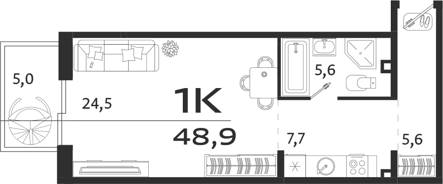 Студия, 43.9 м²