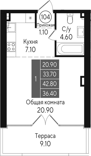 Студия, 33.7 м²