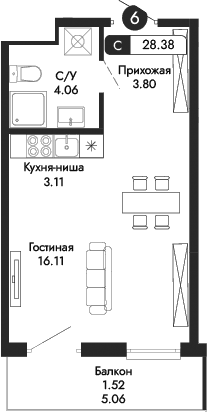 Студия, 26.86 м²