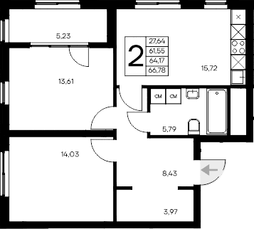 2-комн., 61.55 м²