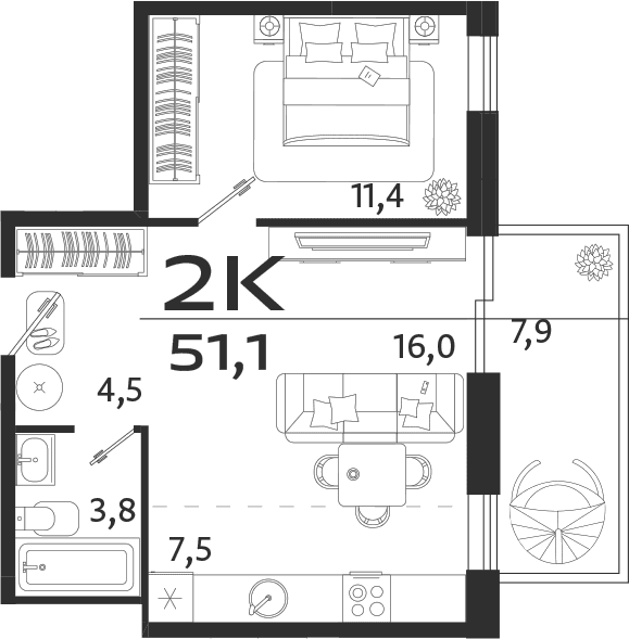 2-комн., 43.2 м²