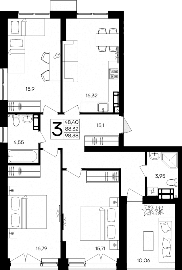 3-комн., 88.32 м²