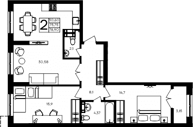 2-комн., 75.75 м²