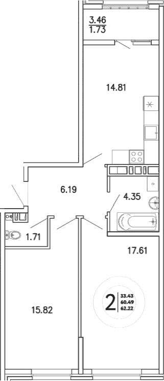 2-комн., 60.49 м²