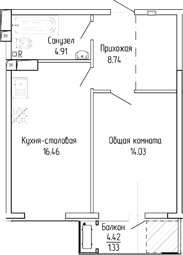 1-комн., 44.14 м²