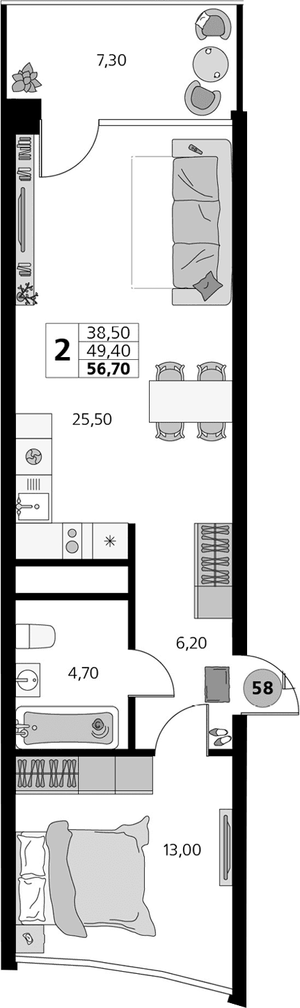 2-комн., 49.4 м²