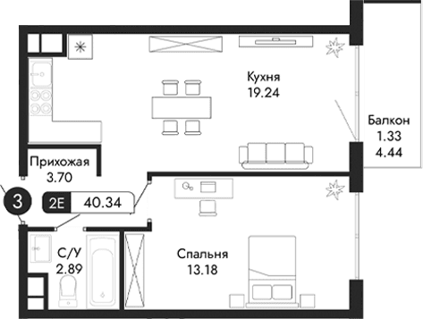 2-комн., 39.01 м²