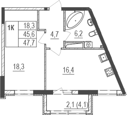 2-комн., 45.6 м²