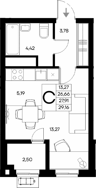 Студия, 26.66 м²