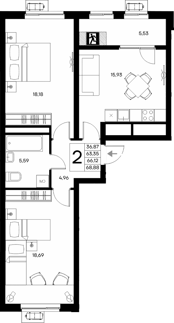 2-комн., 63.35 м²