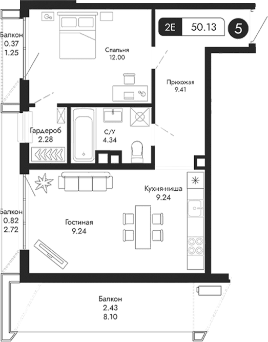 2-комн., 46.51 м²
