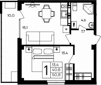 1-комн., 40.8 м²
