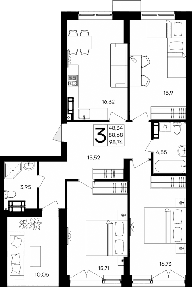 3-комн., 88.68 м²