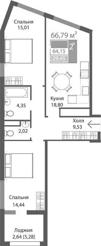2-комн., 64.15 м²
