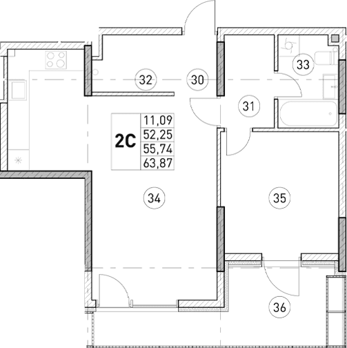 1-комн., 52.25 м²