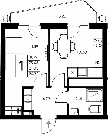 1-комн., 29.47 м²